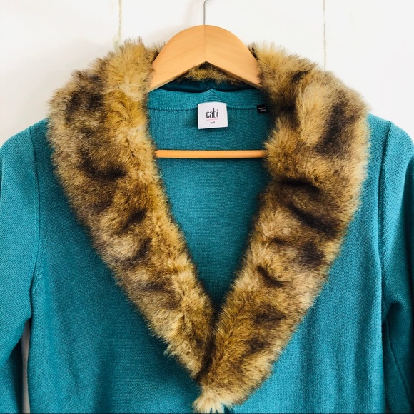 CAbi #3018 Tearoom Teal Cardigan with Faux Fur - Picture 2 of 8
